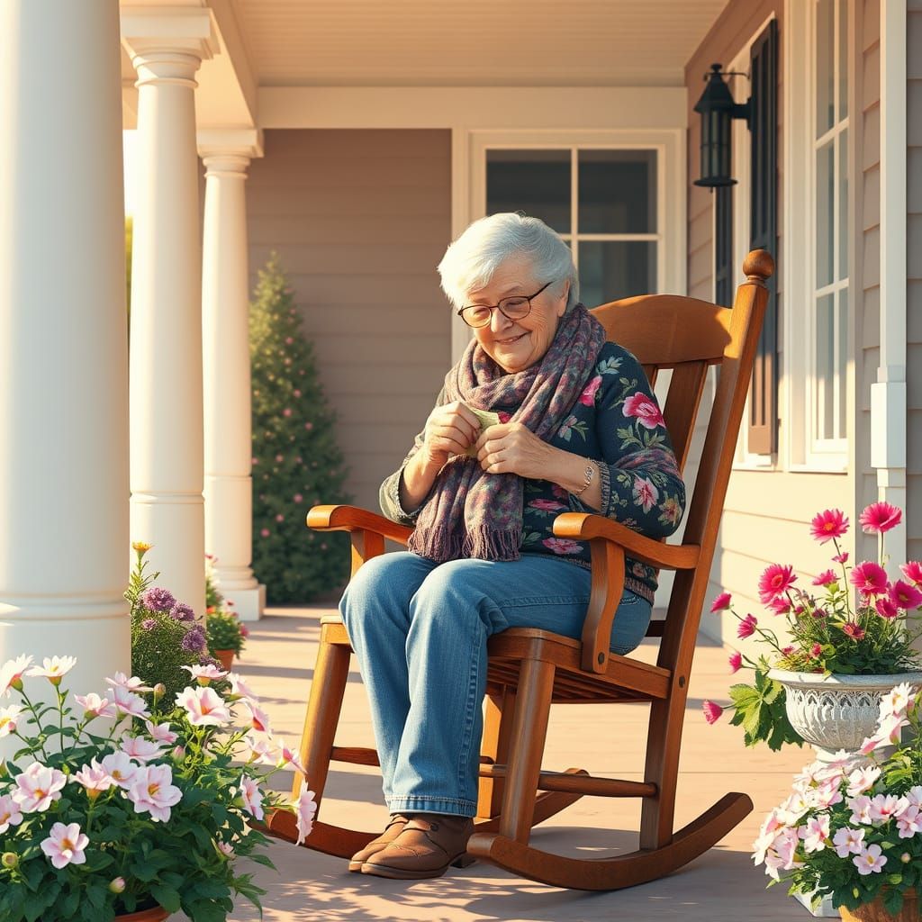 Grandma Knitting on a Sunny Porch, Nostalgic Illustration
