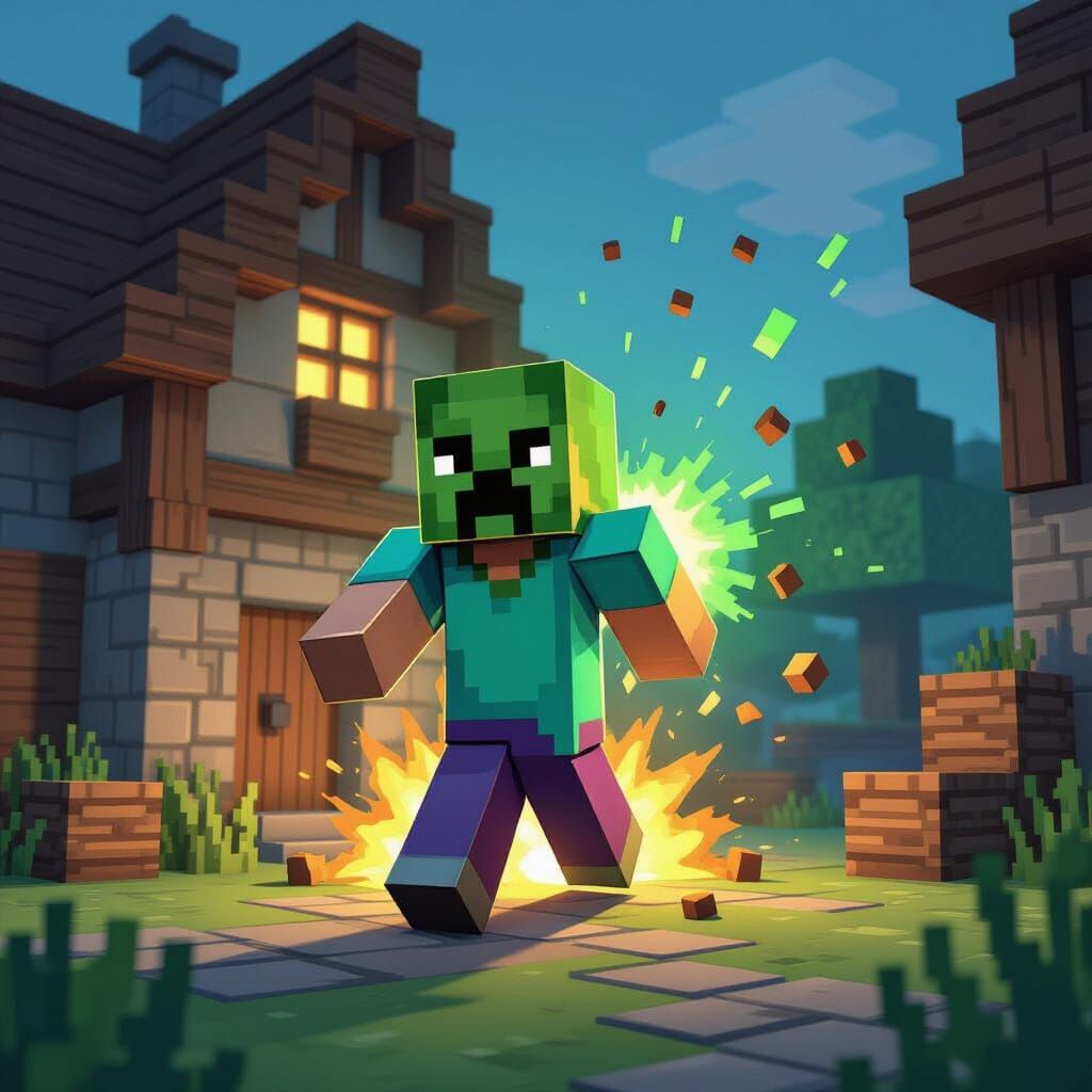 Minecraft Creeper Explodes in Medieval House