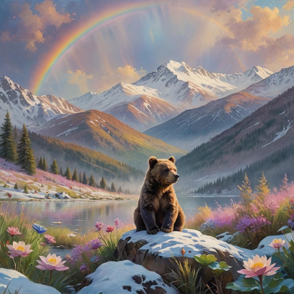 Bear Cub Plays Under Rainbow Sky: Impressionist Landscape