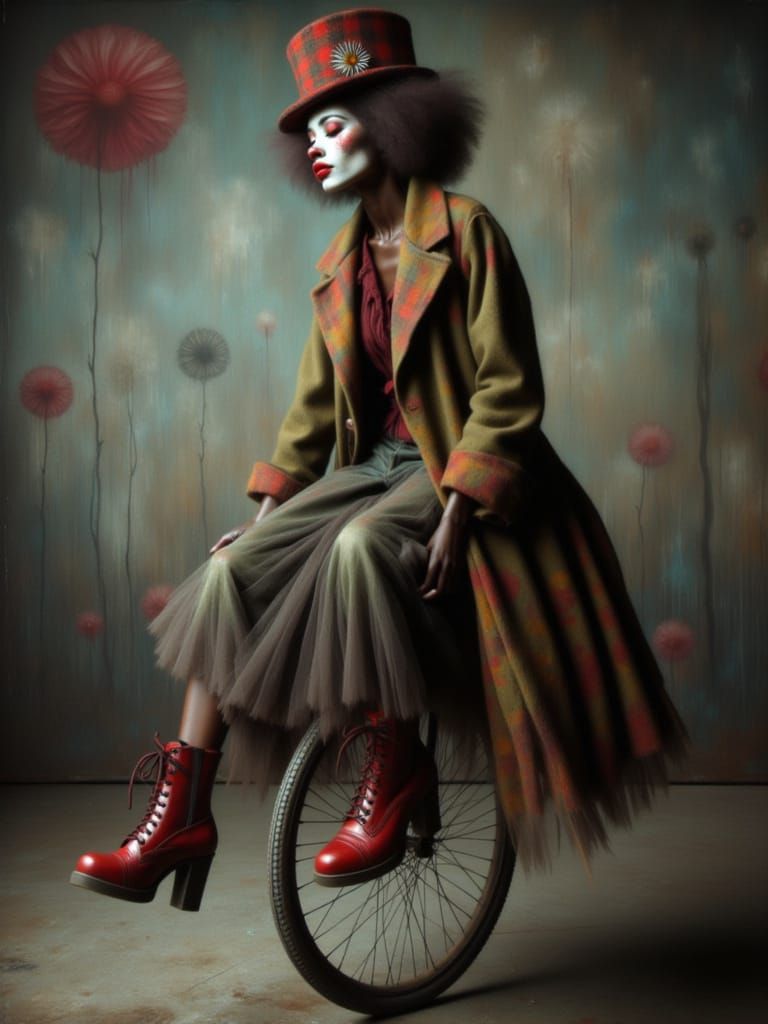 Sad Clown on Unicycle in Circus Noir Style