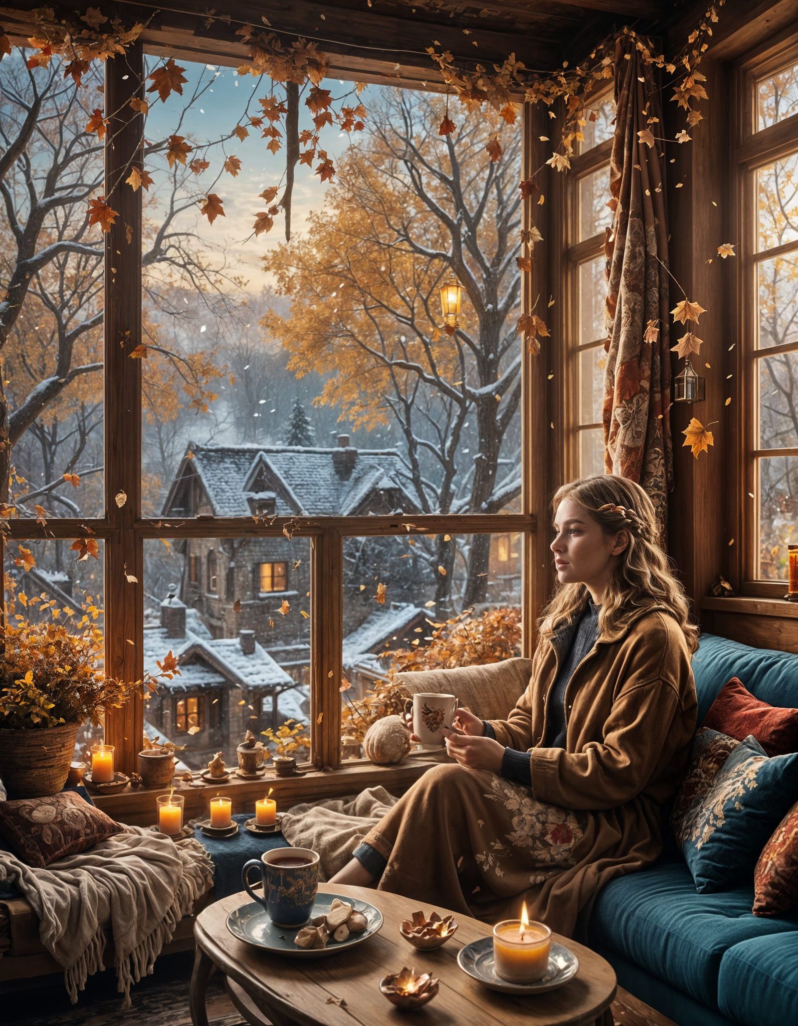 Autumnal Scene: Woman with Hot Chocolate