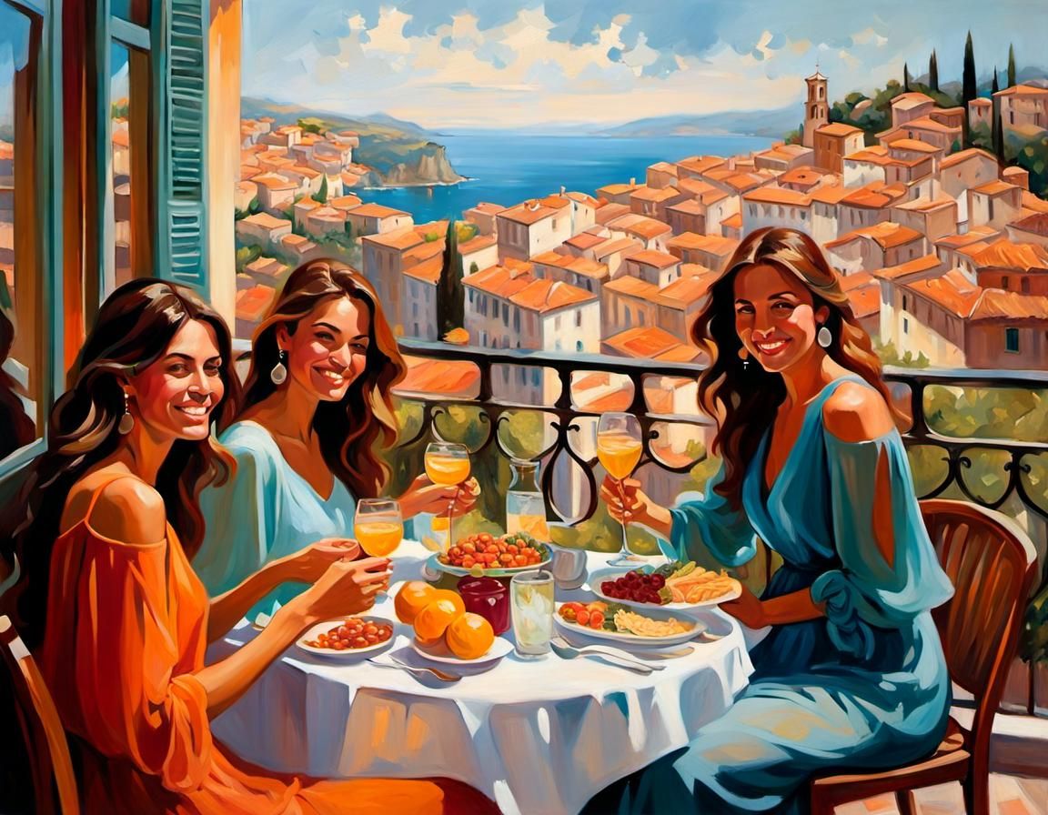 Italian Balcony Brunch: Acrylic Painting of Happy Women