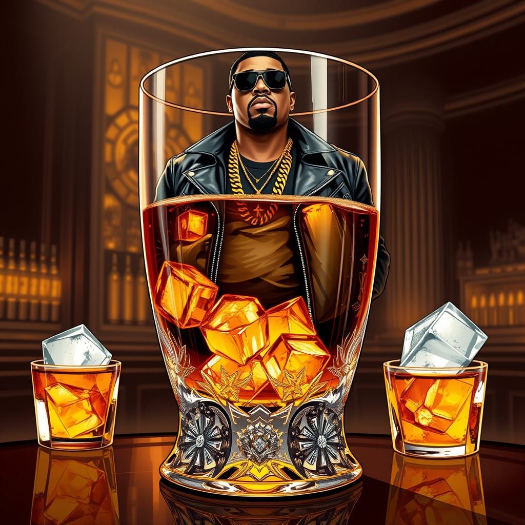 Confident Hip-Hop Icon Sips Whisky in an Ornate Glass
