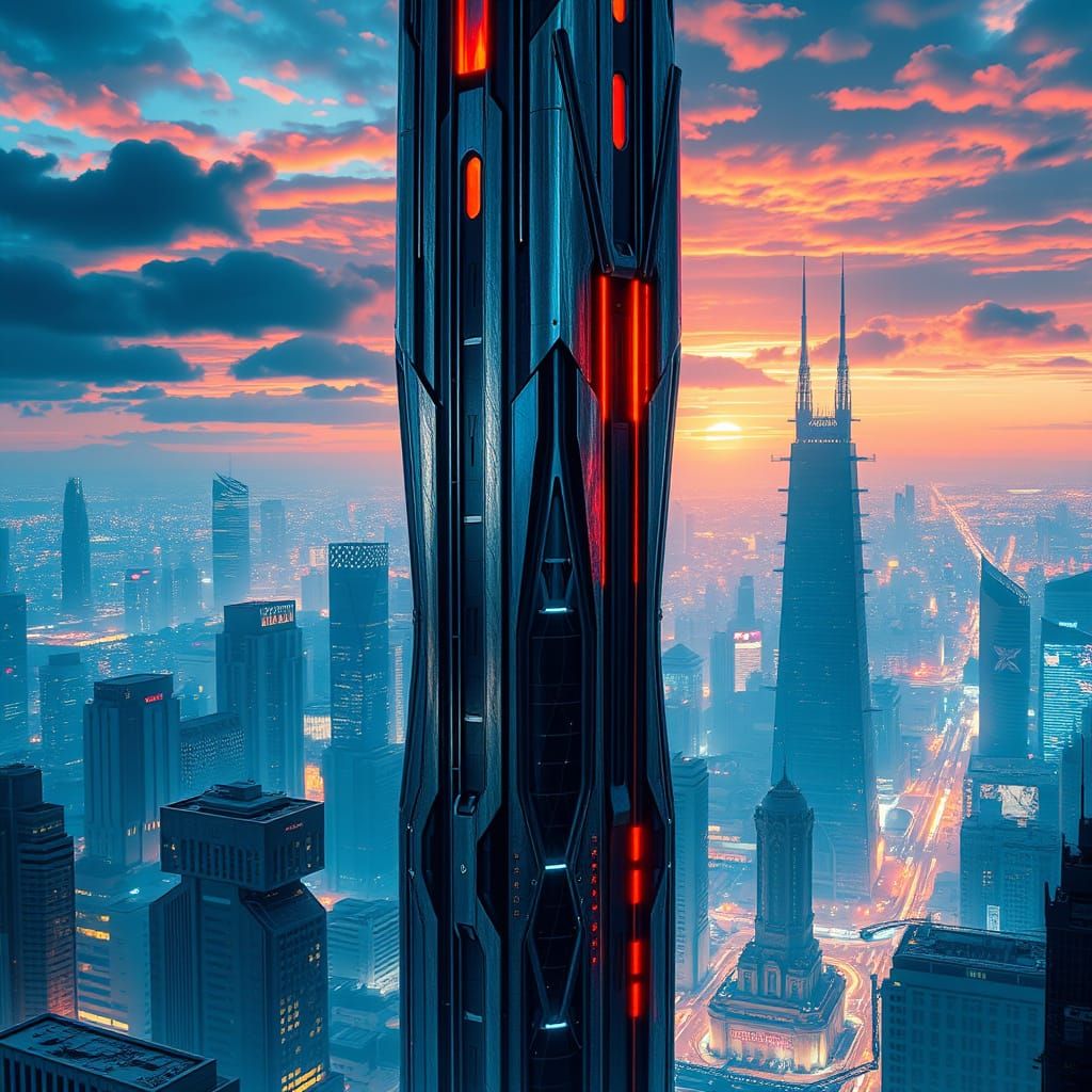 Futuristic Cobalt and Nickel Skyscraper in Sci-Fi Style