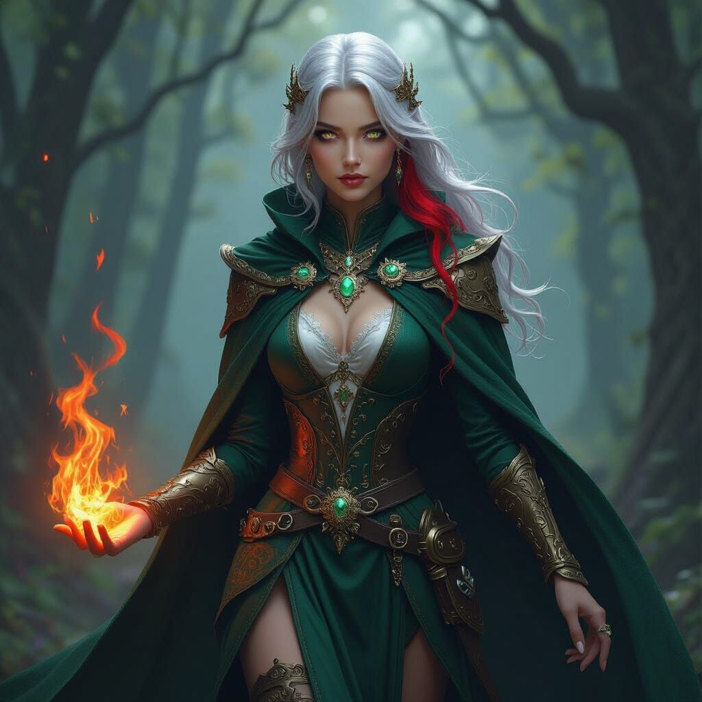 Fantasy Sorceress Casting Fire Spell, Digital Art