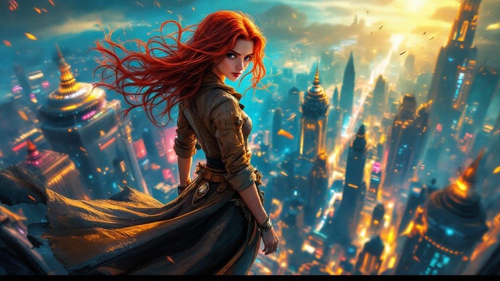 Fiery Redhead Anime Heroine Dominates a Futuristic Cityscape