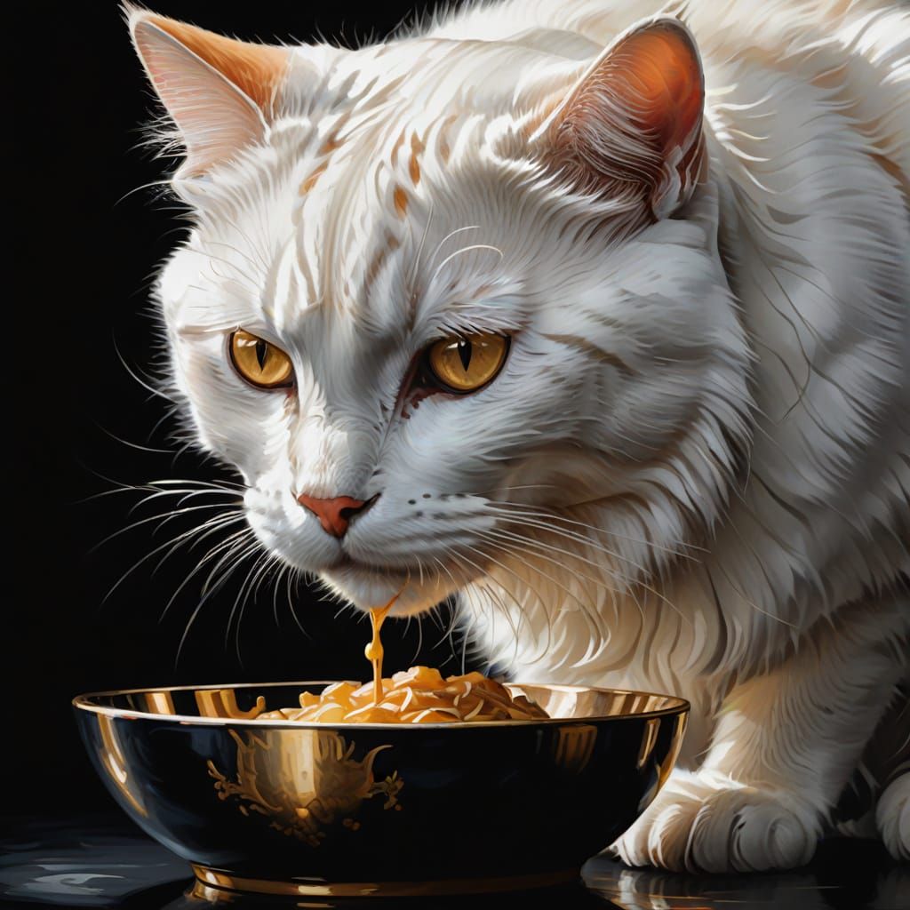 White Cat Eating from Bowl: Digital Painting in 4K