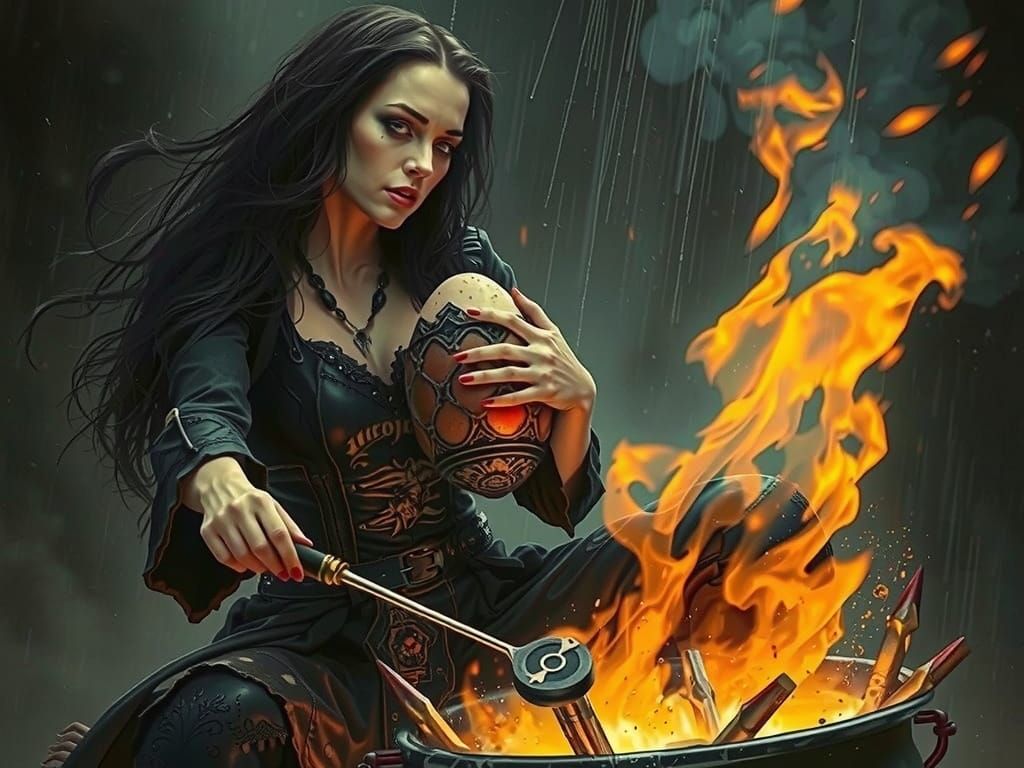 Goth Witch Woman Cradles Alien Egg by Firelight