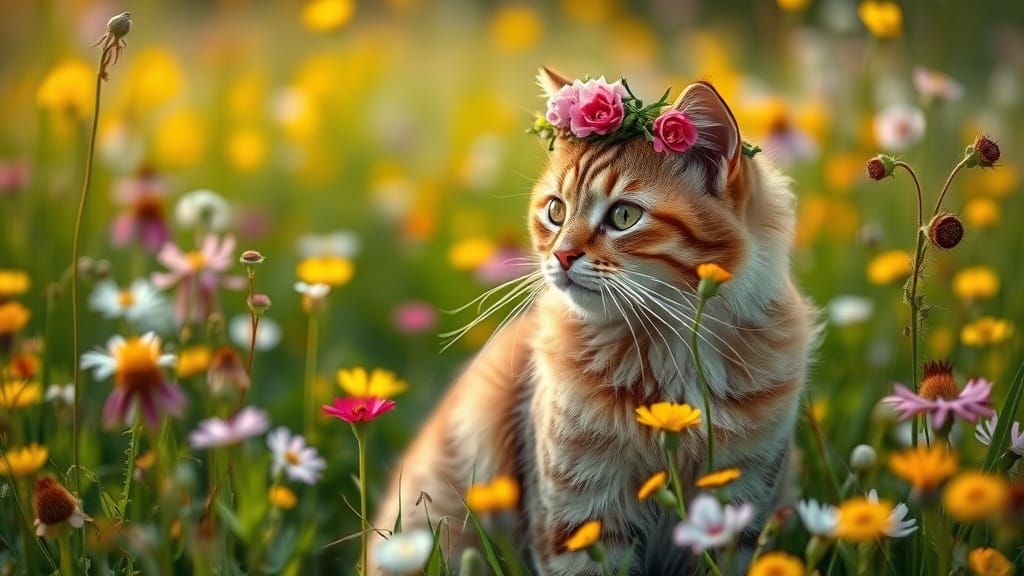 Whimsical Feline Amidst Vibrant Wildflowers in Soft Focus