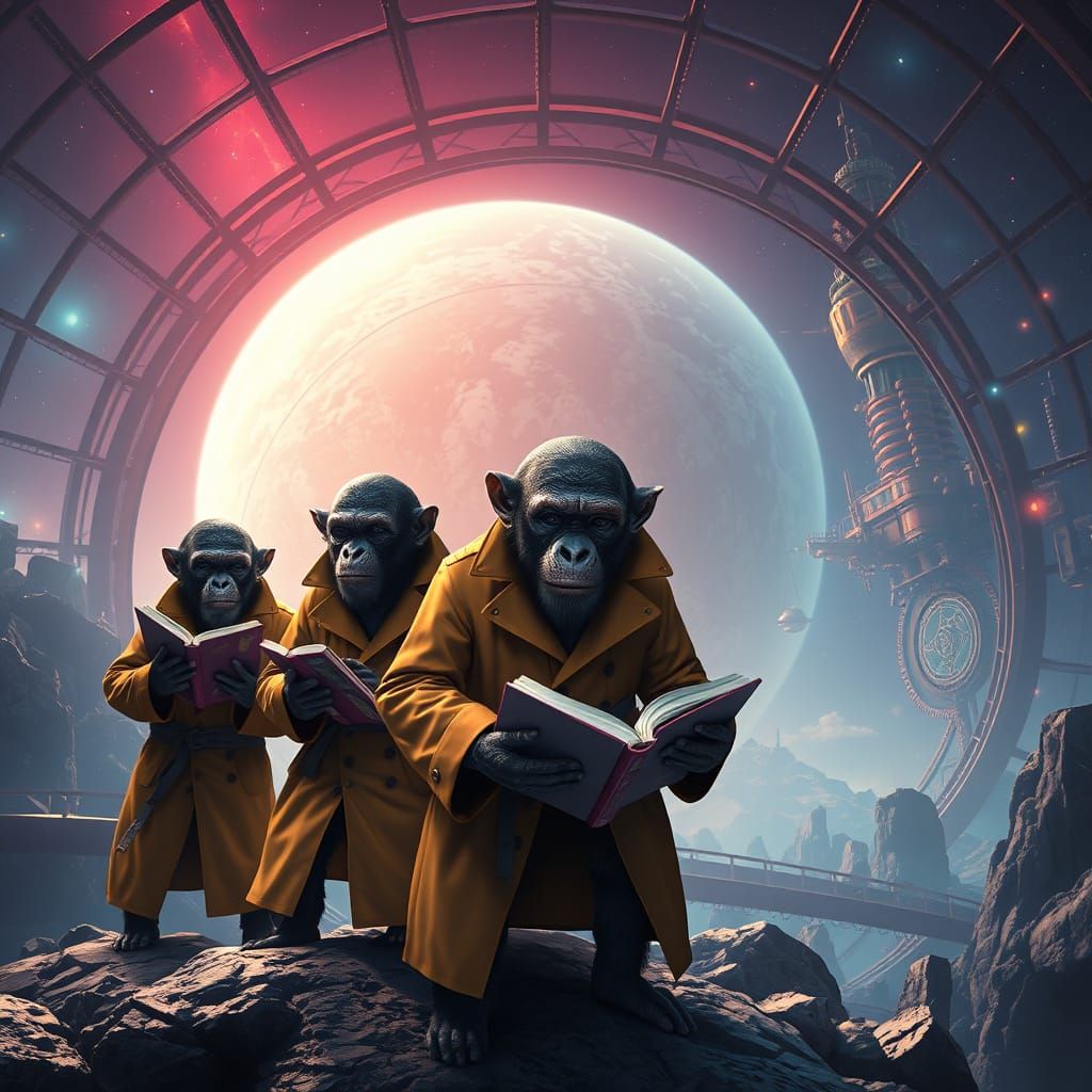 Fantastical Apes in a Futuristic Spacestation Library