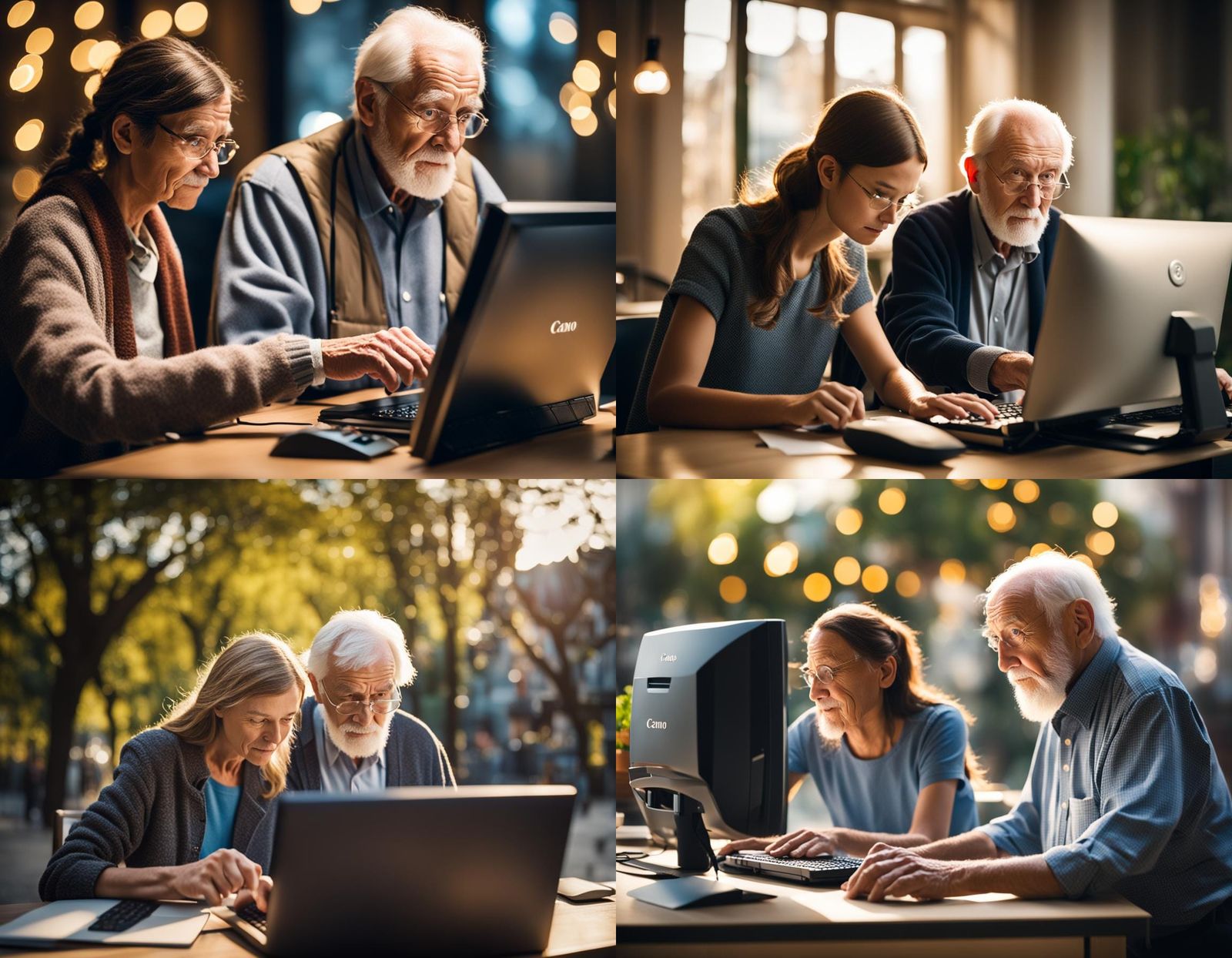 Young Woman and Old Man Working on Computer