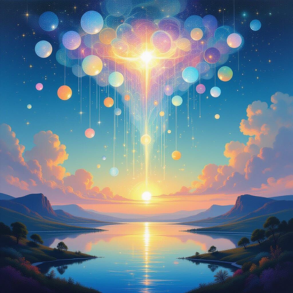 Surreal Celestial Orbs Descend on Ethereal Dawn Landscape