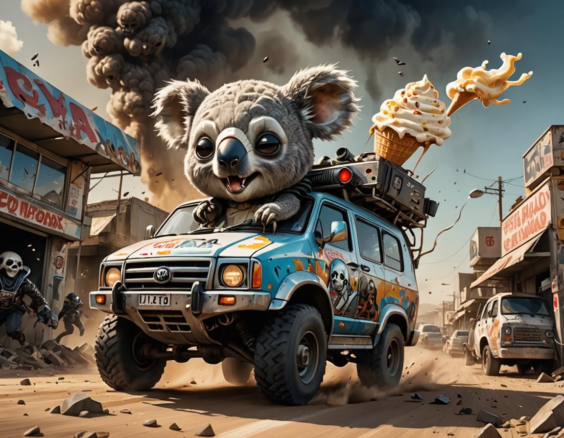 Chibi Koala Races Ice Cream Tank in Apocalyptic Wasteland