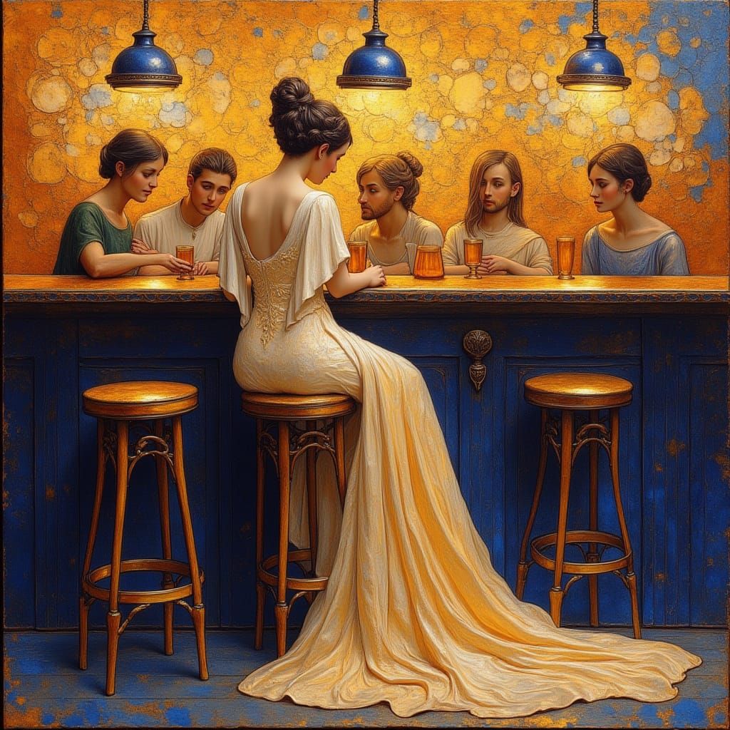 Elegant Woman in Golden Silk Dress at Lively Bar