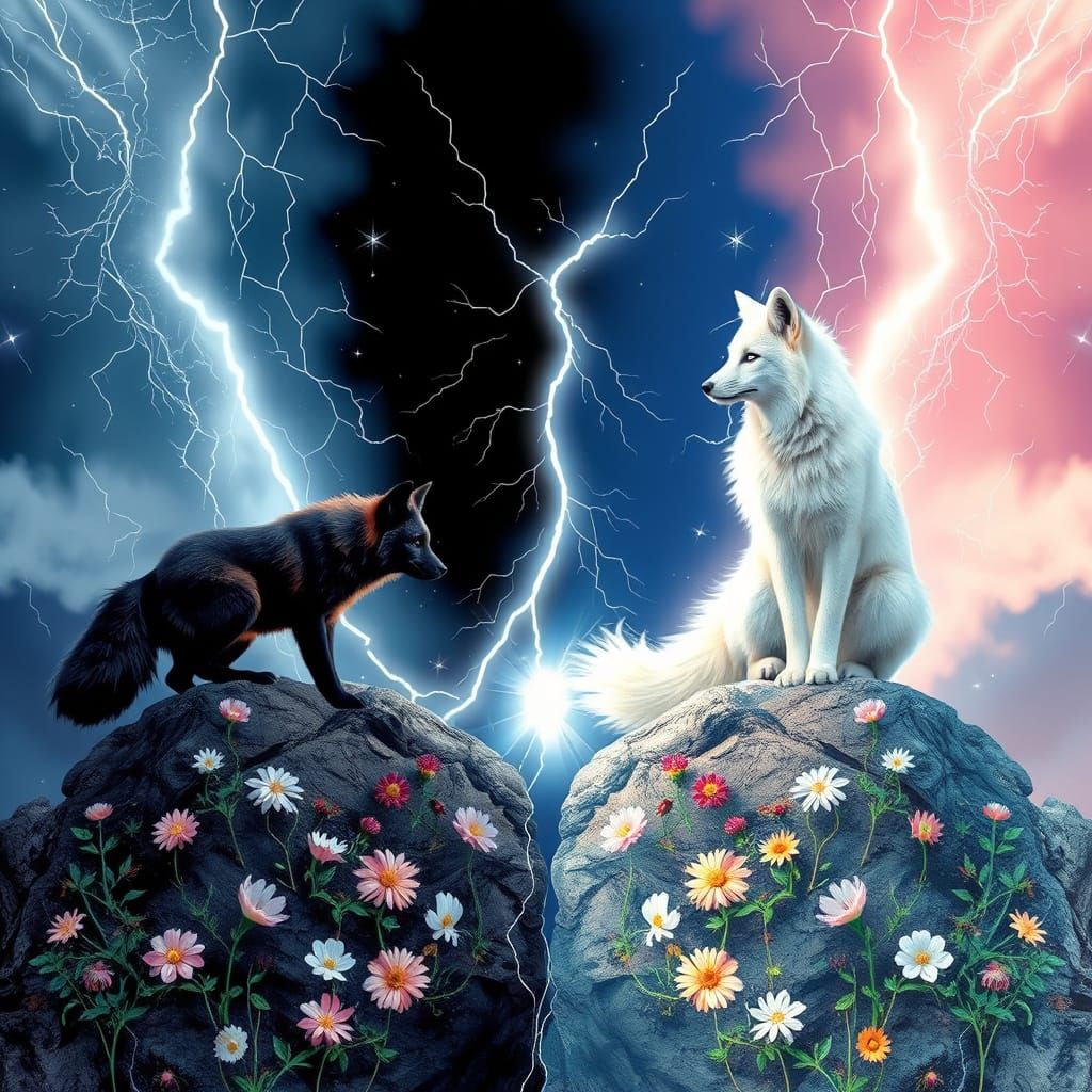 Black and White Foxes Amidst Cosmic Elements