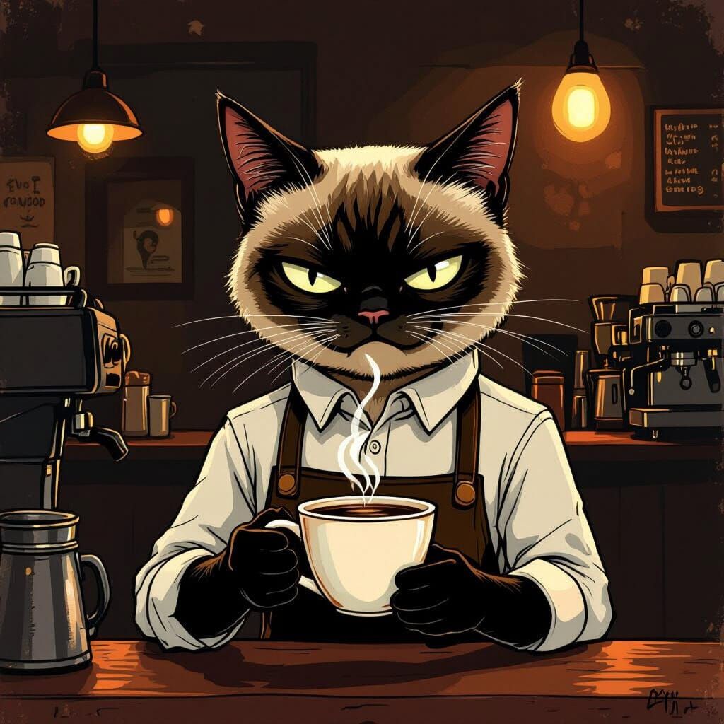 Grumpy Siamese Cat Barista in Dimly Lit Cafe