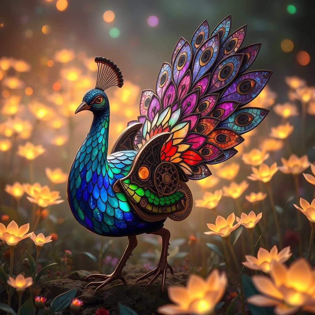 Victorian Automaton Peacock in Bioluminescent Garden