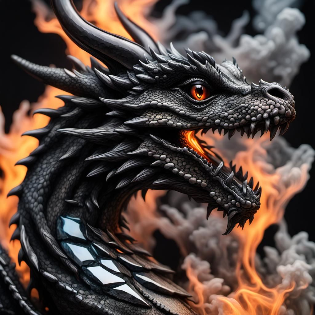 Crystal Dragon in Black Smoke, Hyper-realistic Rendering