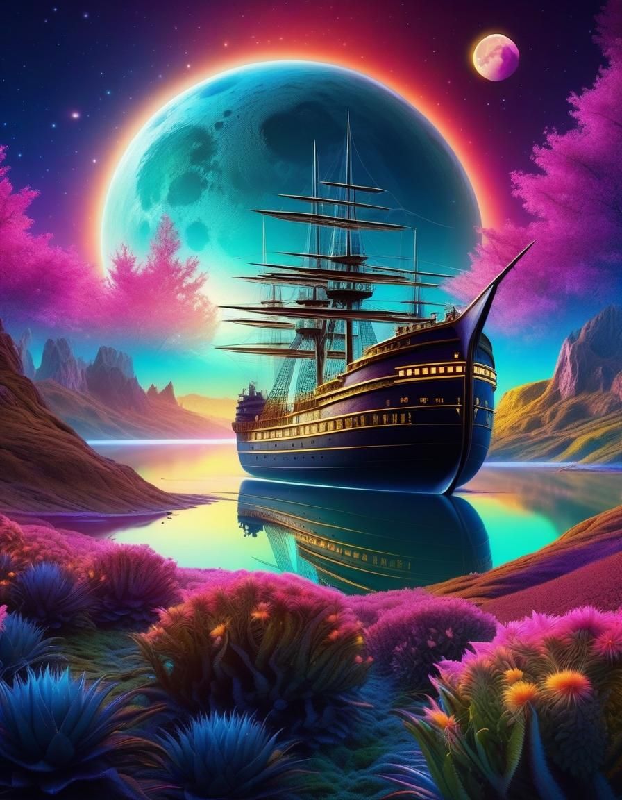 Fantasy planet landscape with ship and moon