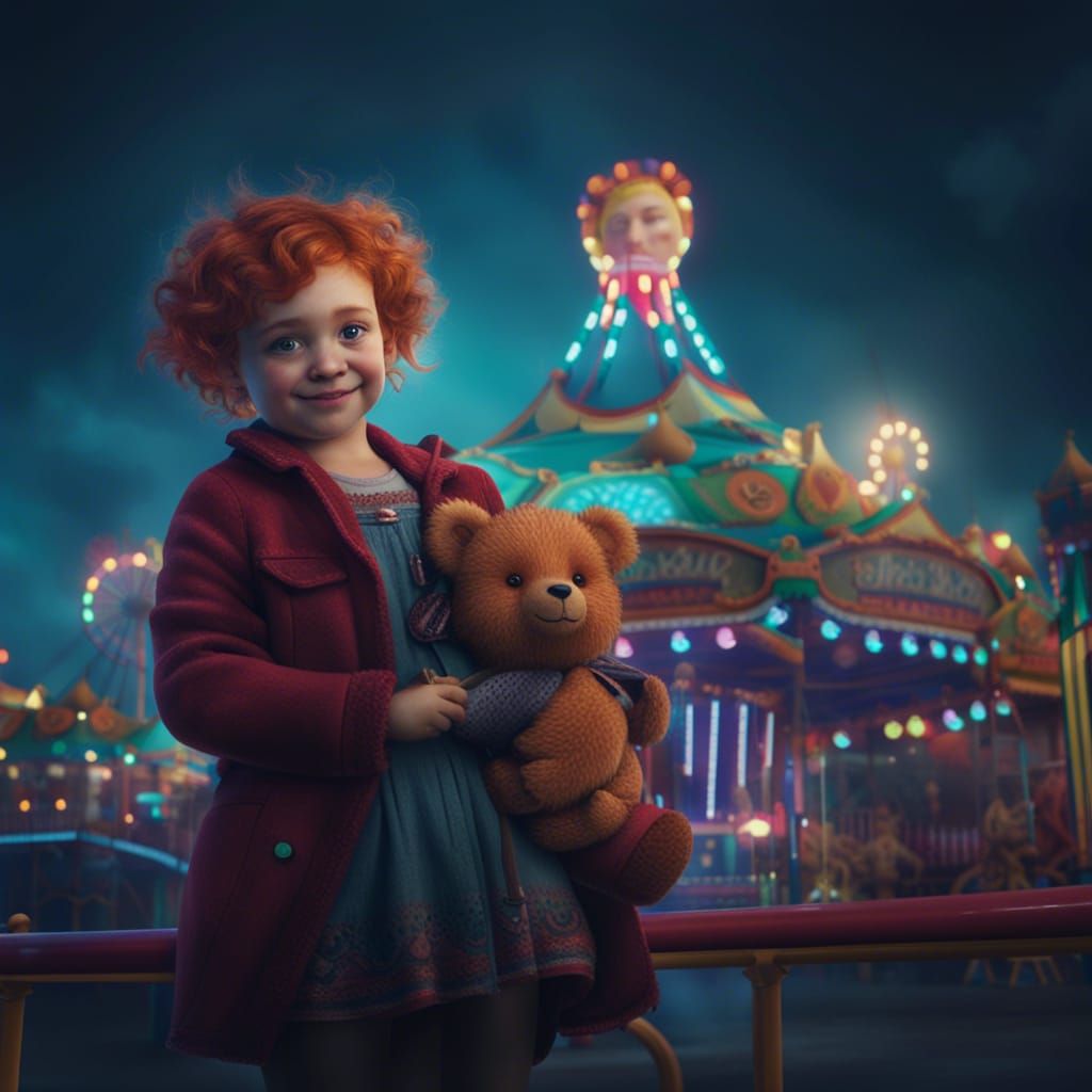 Happy Girl with Teddy Bear at Fairground