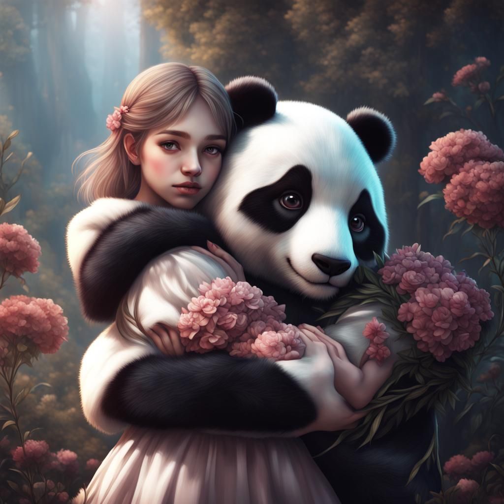Delicate Flower Girl Hugging Panda: Detailed Matte Painting