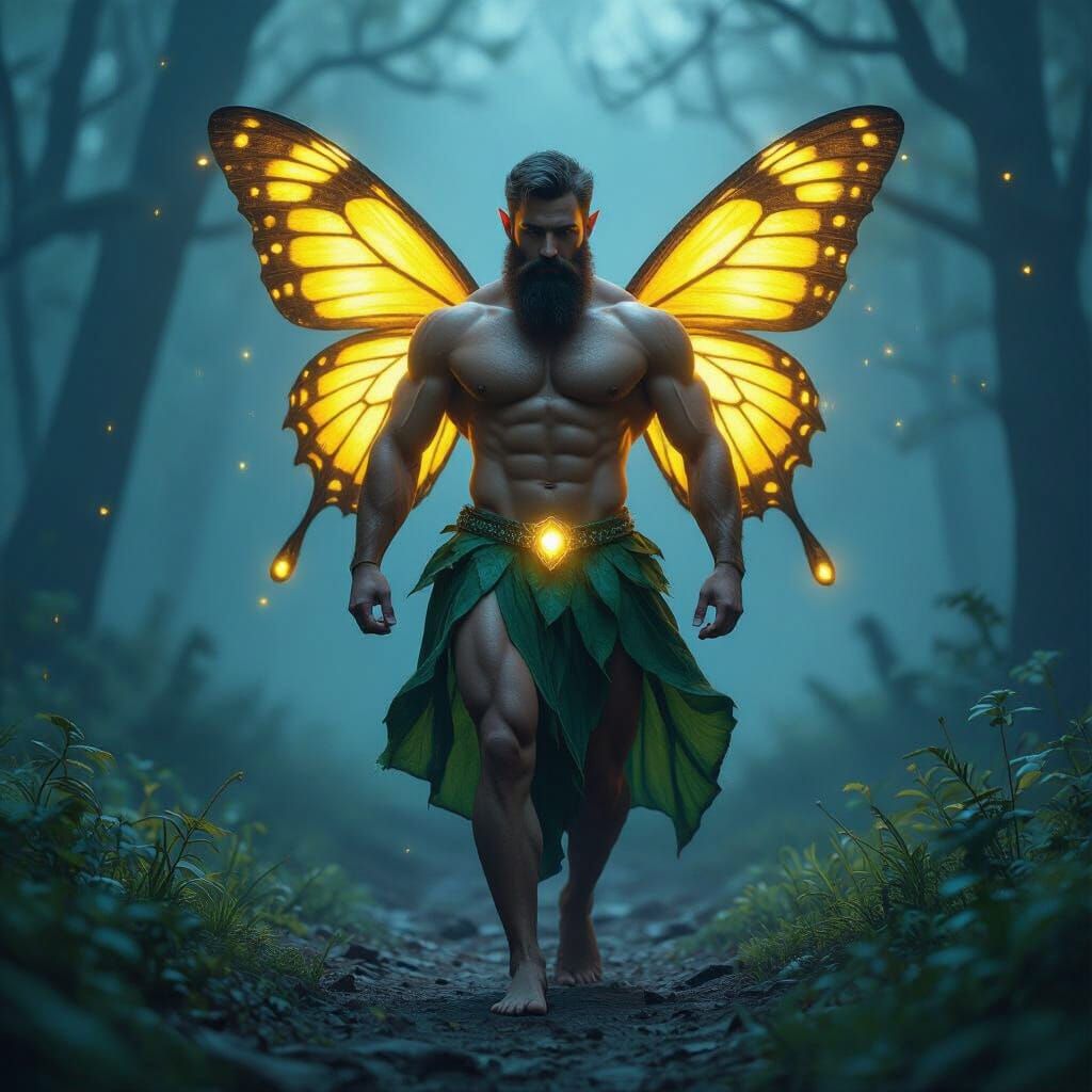 Muscular Bearded Fairy in Blue Forest - Hyper-realistic Digi...