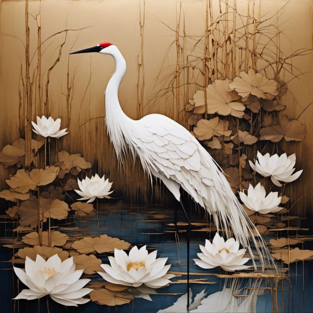 Crane in lotus pond