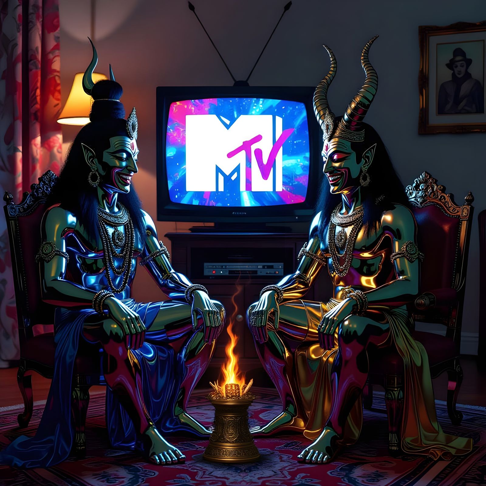 Shiva and Baphomet Laughing at TV, Chrome and Gold