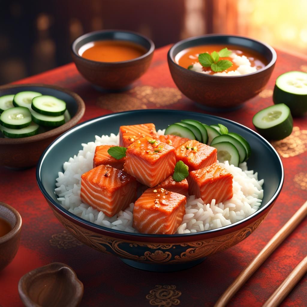 Glazed Salmon and Rice Bowl with Red Curry