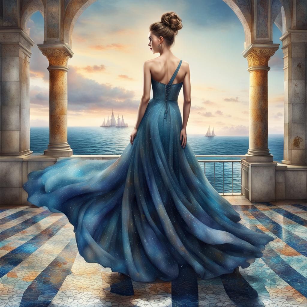Beautiful Lady in Blue Dress: Watercolour Painting
