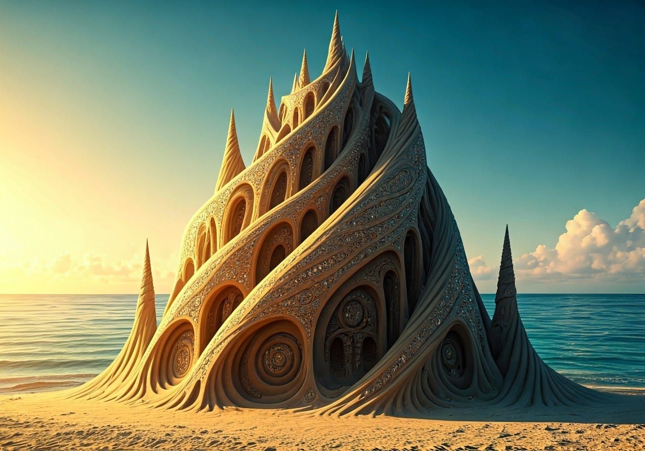 Gaudí-Inspired Sandcastle Sculpture on Tropical Beach