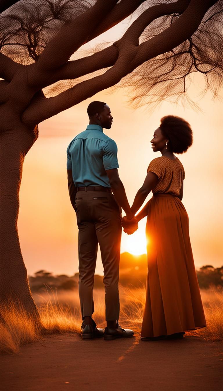 African-American Couple Watching Sunset in Africa
