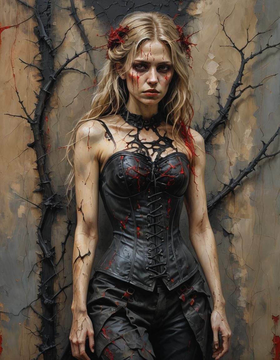 Melancholic Woman Dissolving into Byzantine-Industrial Wall