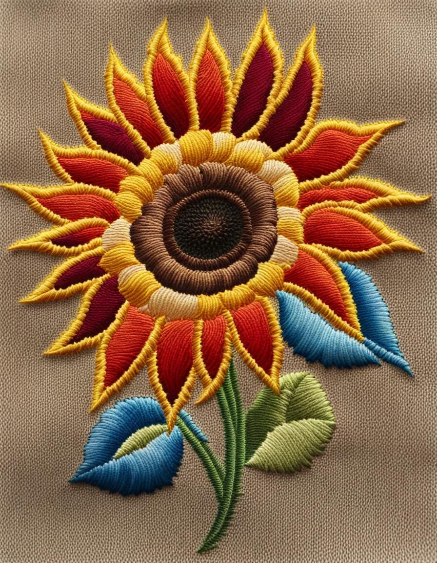 Vibrant Embroidered Sunflower Blooms Under a Bright Blue Sky