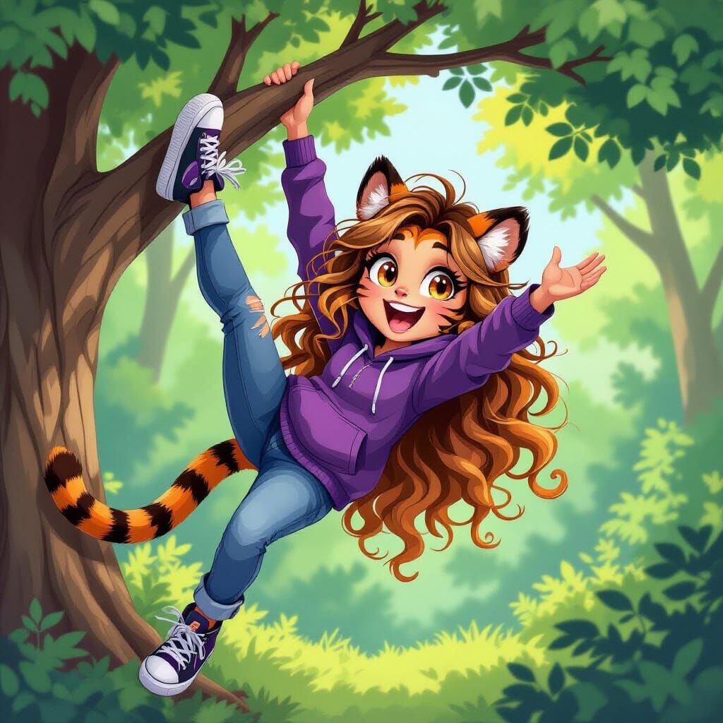 Excited Girl with Tiger Features Hangs Upside Down in Cartoo...