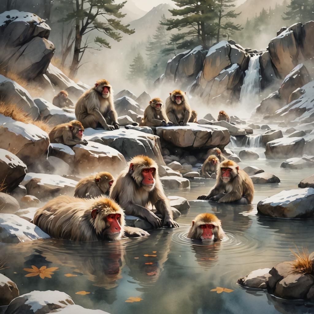 Snow Monkeys Relaxing in Mountain Hot Spring