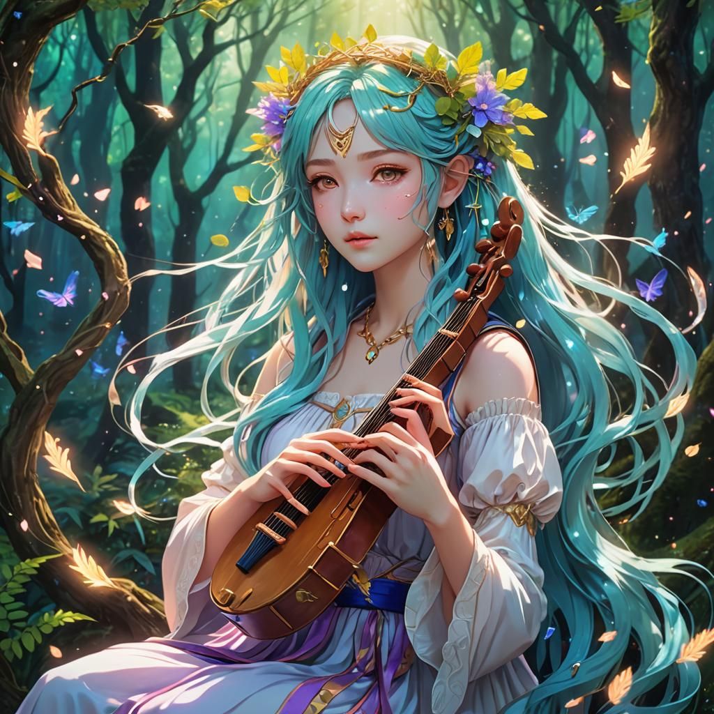 Anime Music Goddess in Mystical Forest