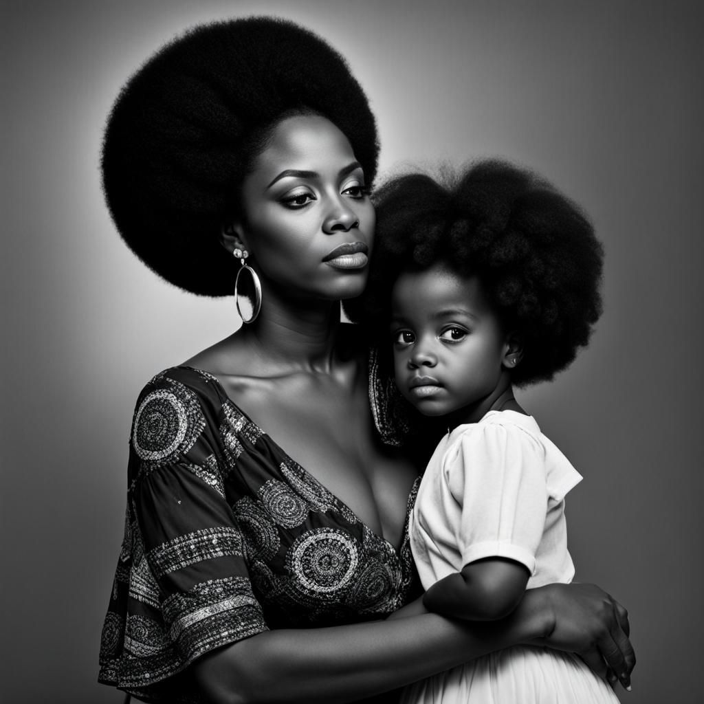 Black Woman and Child in Naive Art Style