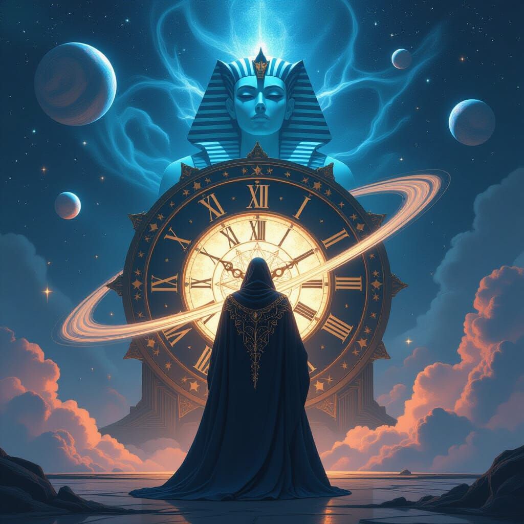 Cosmic Clock Guardian with Sphinx Spirit
