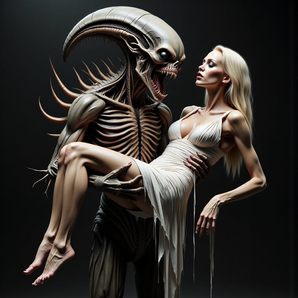 Biomechanical Horror Alien Cradles Limp Human Form