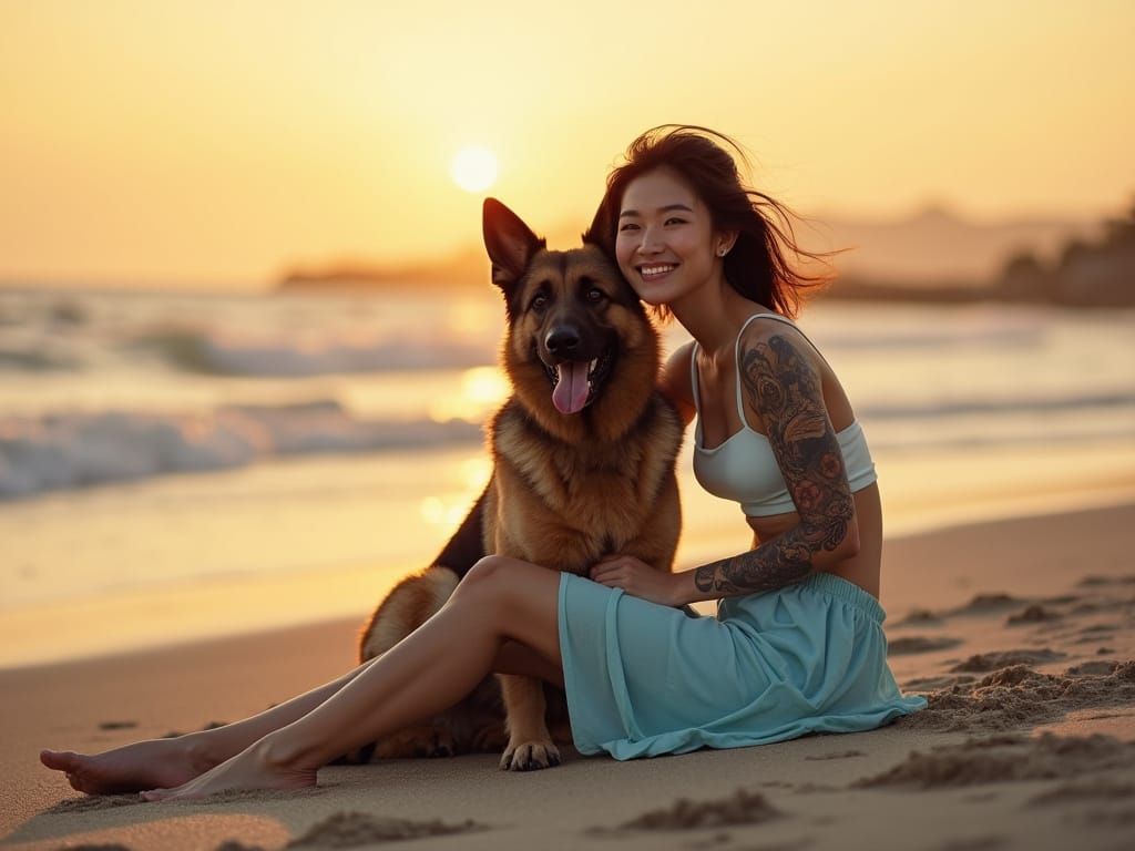 Woman and Dog on Beach in Naturalistic Style