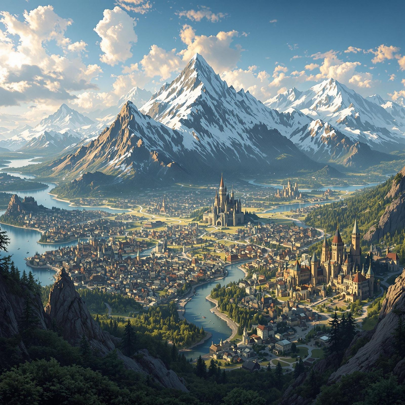 Fantasy Realm of Majestic Mountains and Grand Architecture