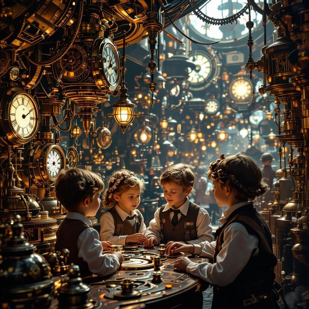 Steampunk Village Scene with Clockwork Marvels and Grandchil...
