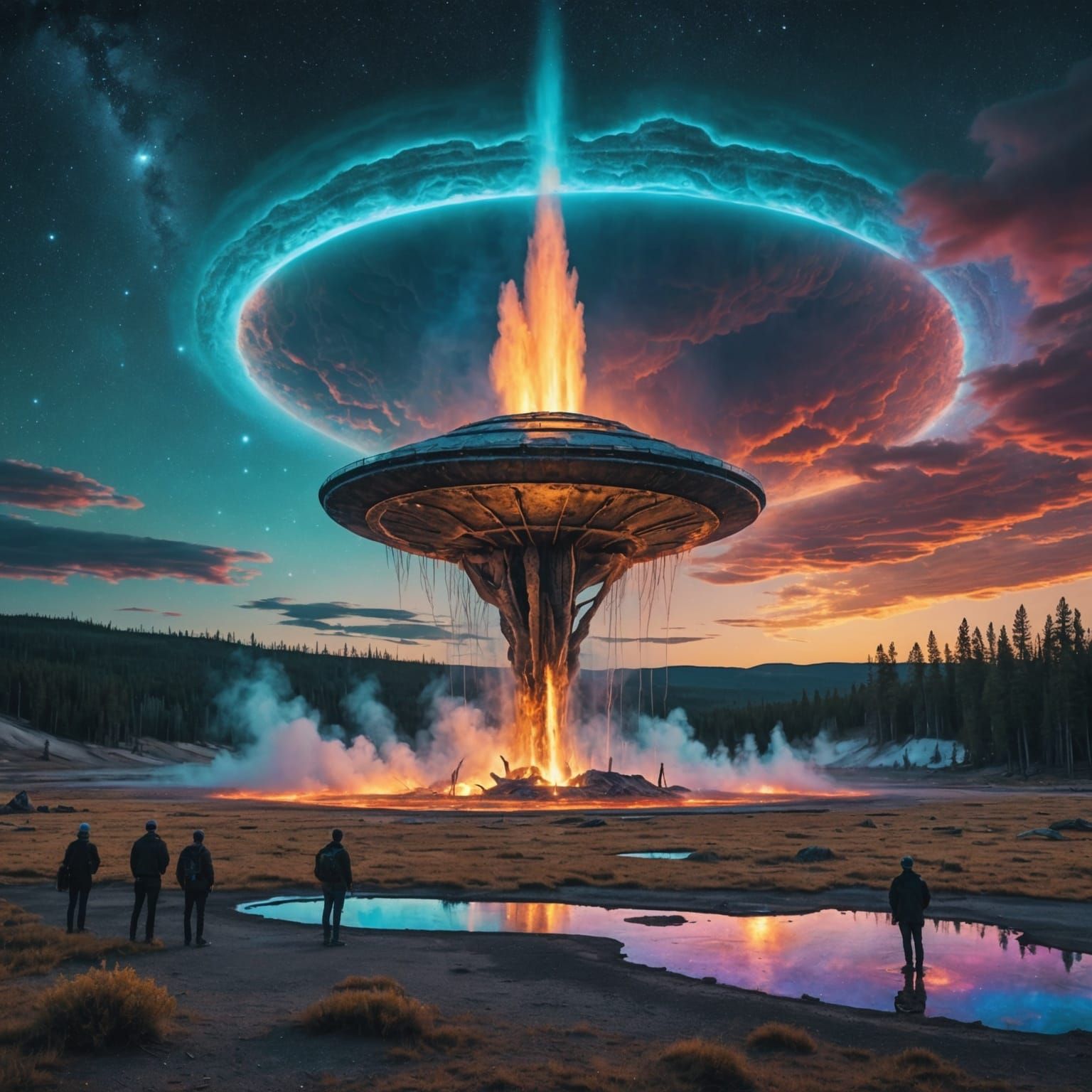 Aliens Land Near Old Faithful: Astral Illustration
