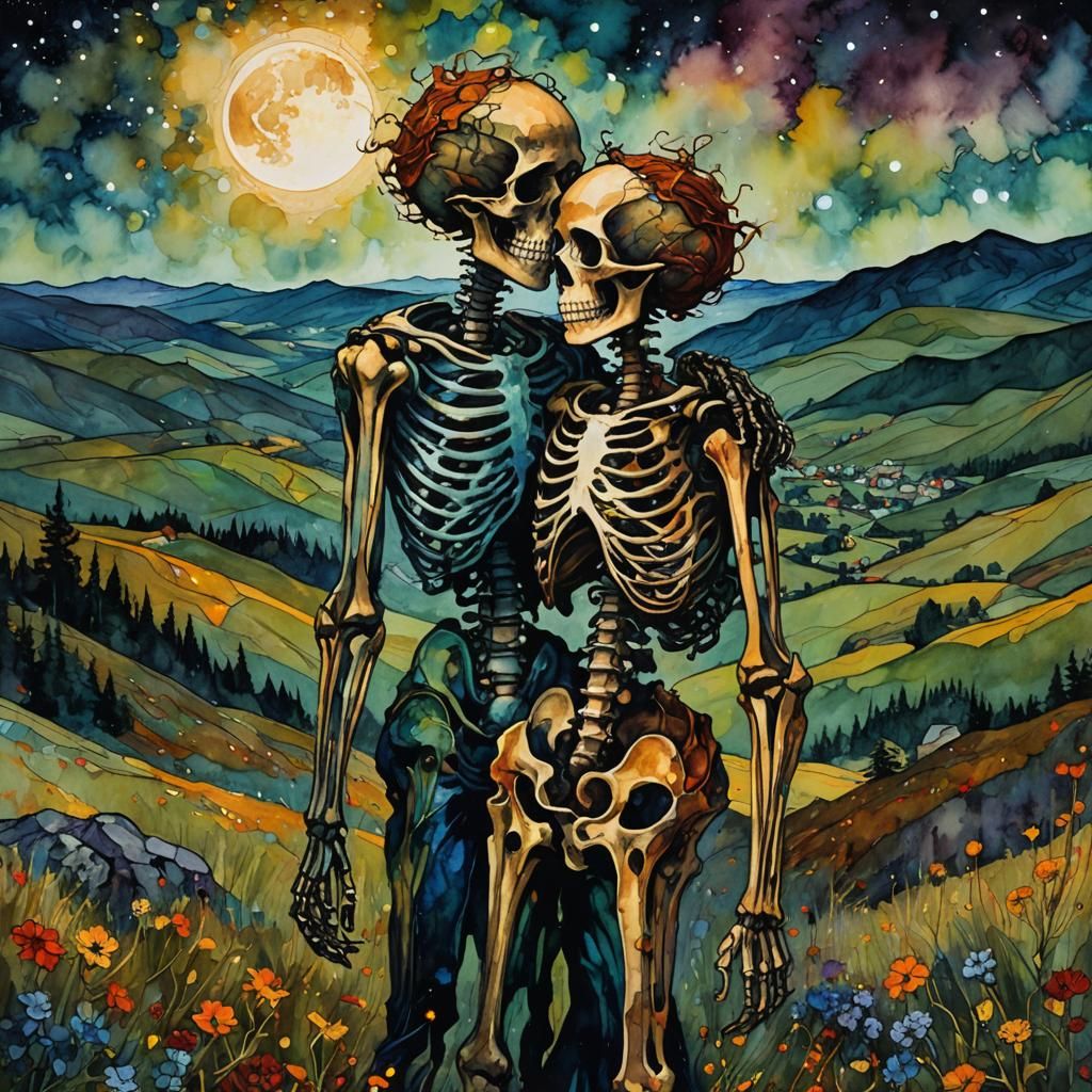 Skeletons Embrace in Moonlit Dark Fantasy Watercolor