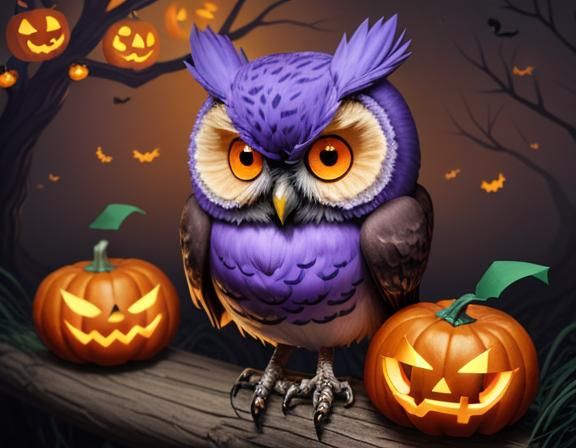 Cute Chibi Owls in Halloween Scene