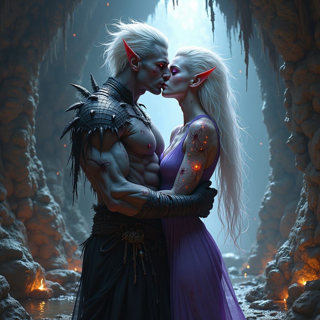 Drow Elves Kissing in Dark Gothic Art Style