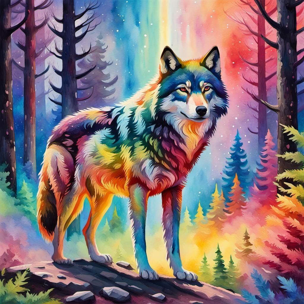 A rainbow galaxy wolf in the forest