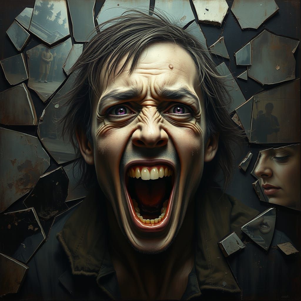 Surreal Figure Laughs Amidst Broken Mirrors of Social Fractu...