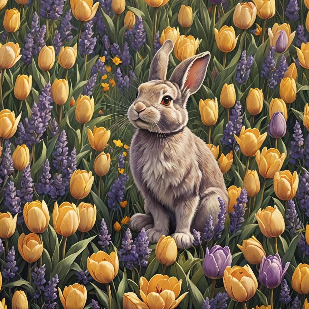 Bunny in a Fantasy Tulip Garden